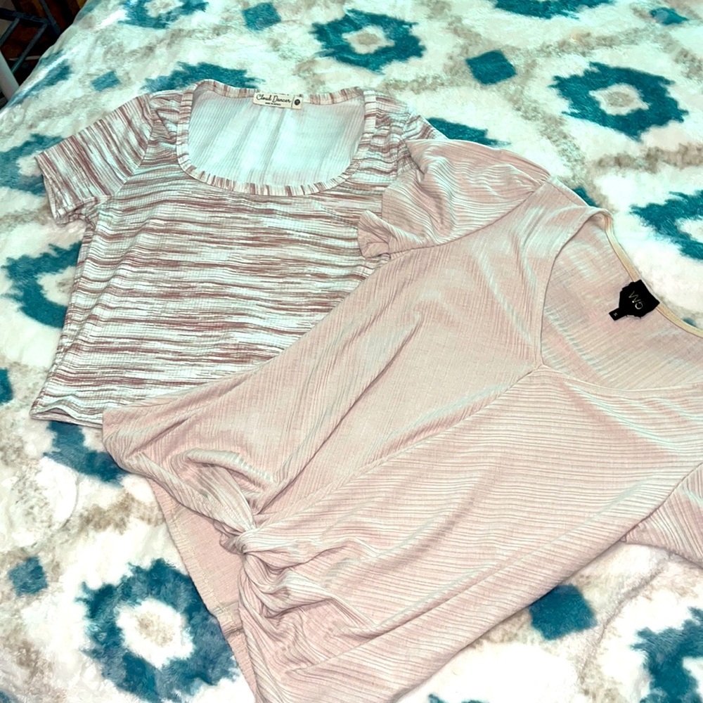 1 medium striped mid-crop top & 1 small tan blouse with twist in front!